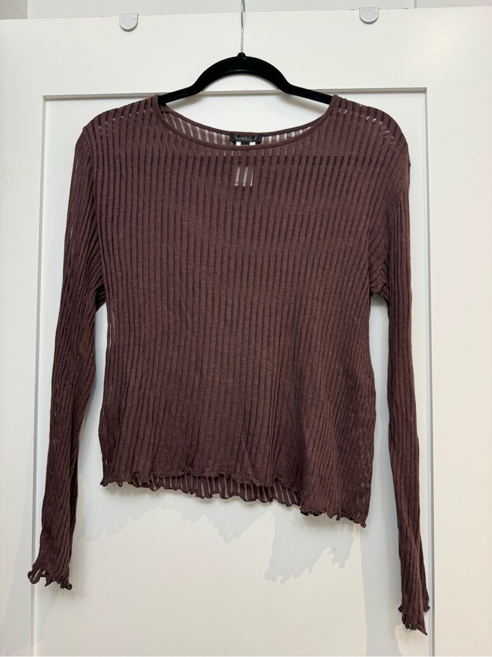 Dynamite Brown Ribbed mesh Long-Sleeve Top